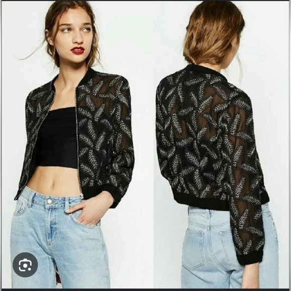 Zara Jackets & Blazers - Zara Black Sheer Bomber Jacket with Leaf Design